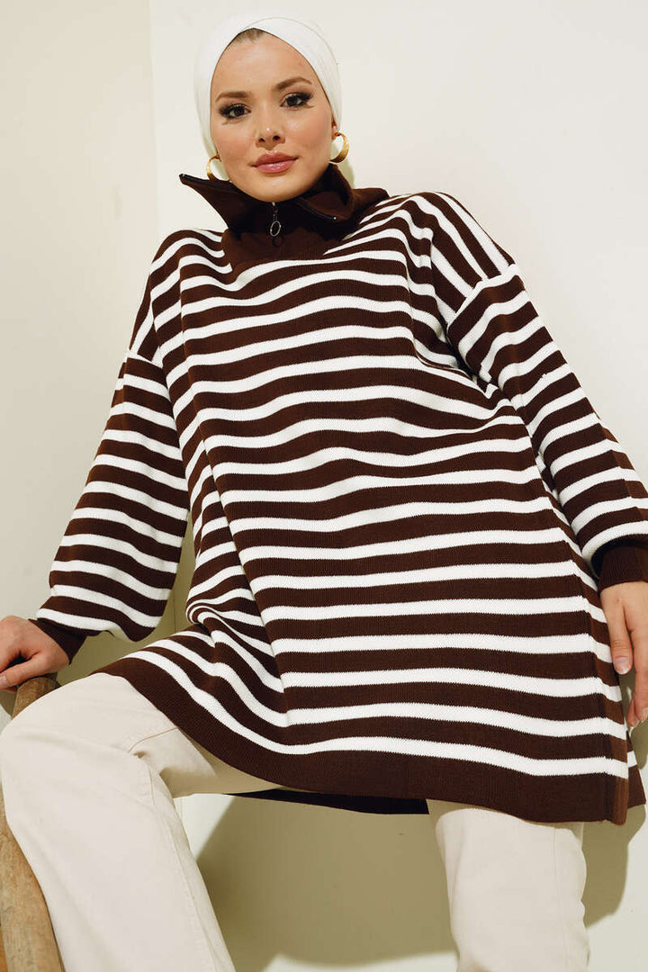 BNG Women -03 Collar Zippered Striped Knit Tunic Brown - Clermont