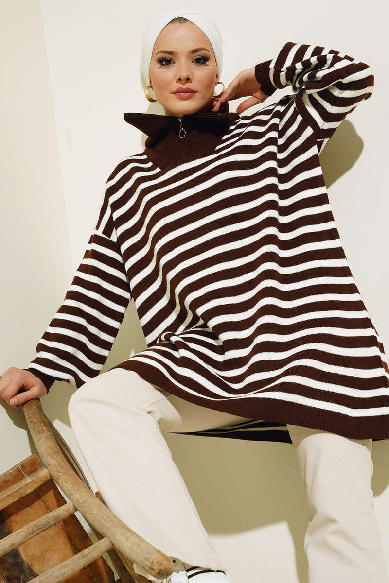 BNG Women -03 Collar Zippered Striped Knit Tunic Brown - Clermont