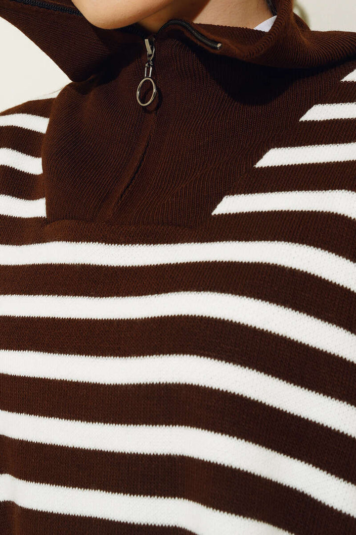 BNG Women -03 Collar Zippered Striped Knit Tunic Brown - Clermont