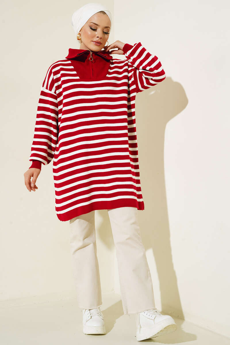 BNG Women - Striped Tunic with Zipper on the Neck Red - Clermont