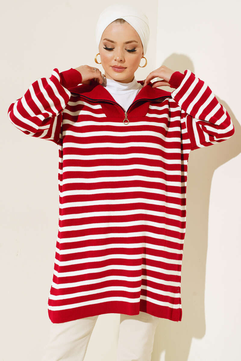 BNG Women - Striped Tunic with Zipper on the Neck Red - Clermont