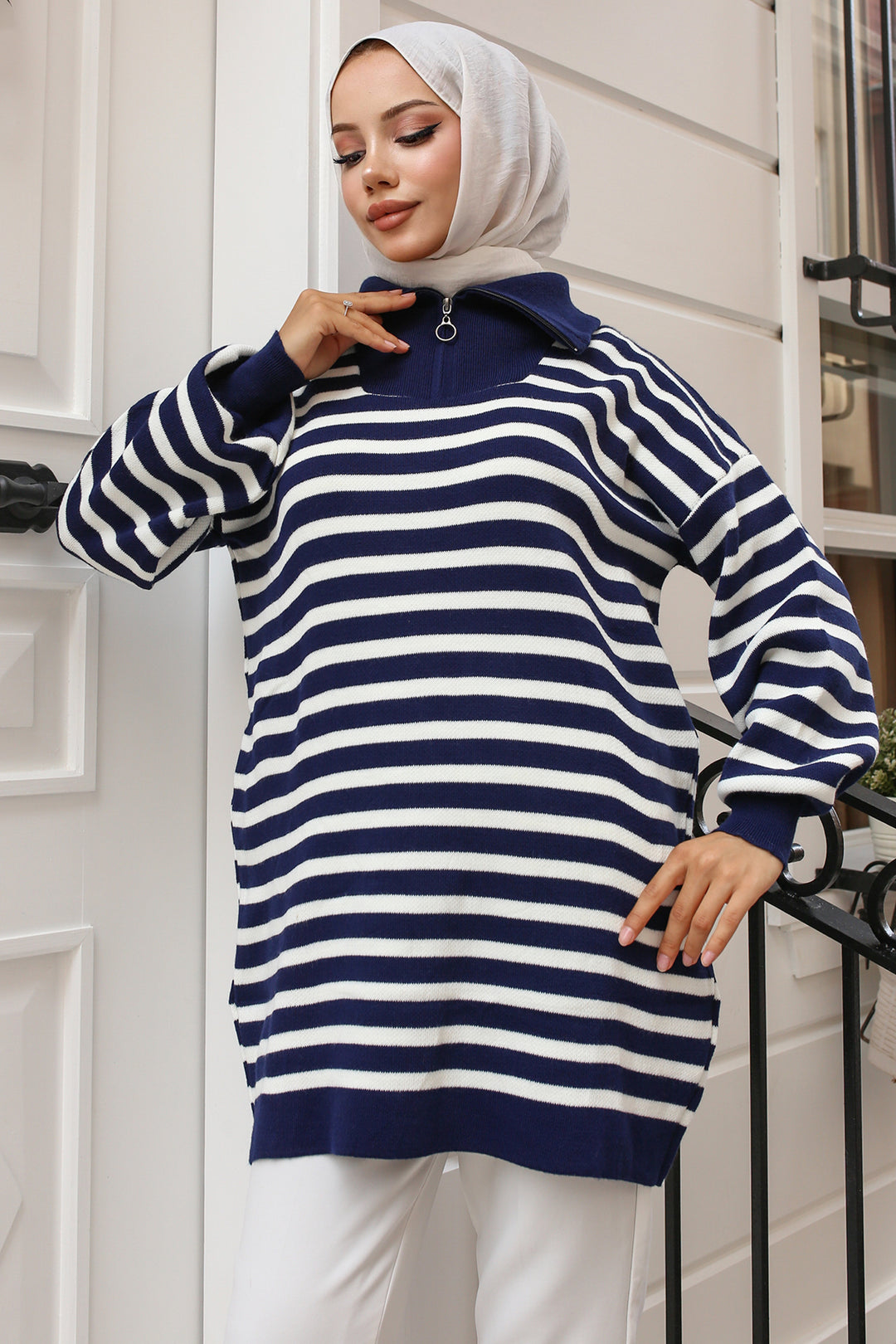 BNG Women -03 Collar Zippered Striped Knit Tunic Navy Blue - Clermont