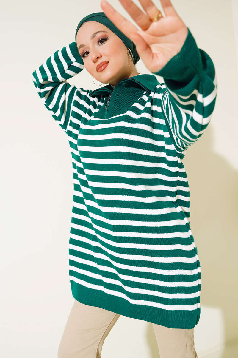 BNG Women - Striped Tunic with Zipper on the Neck Emerald Green - Clermont