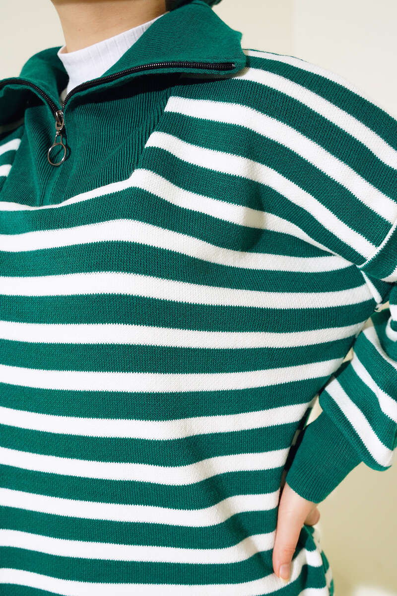 BNG Women - Striped Tunic with Zipper on the Neck Emerald Green - Clermont