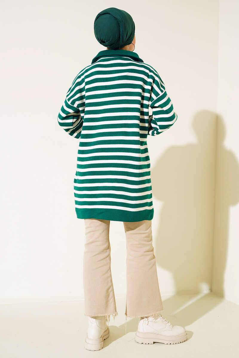 BNG Women - Striped Tunic with Zipper on the Neck Emerald Green - Clermont