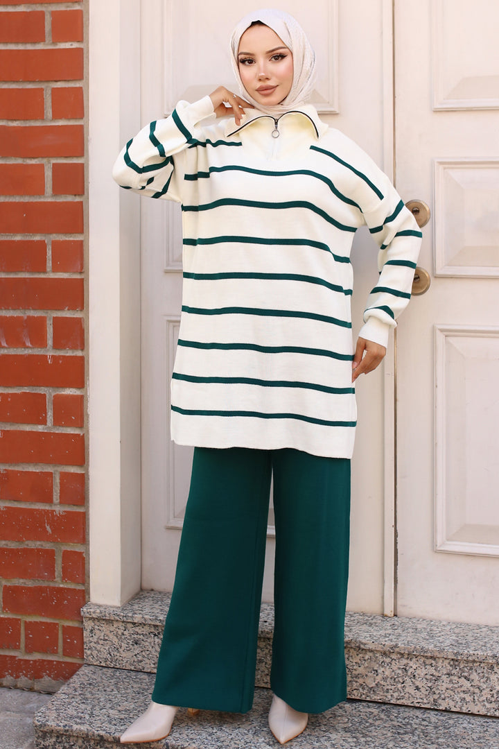 BNG Women -02 Collar Zippered Striped Knitwear Set Emerald Green - Clermont