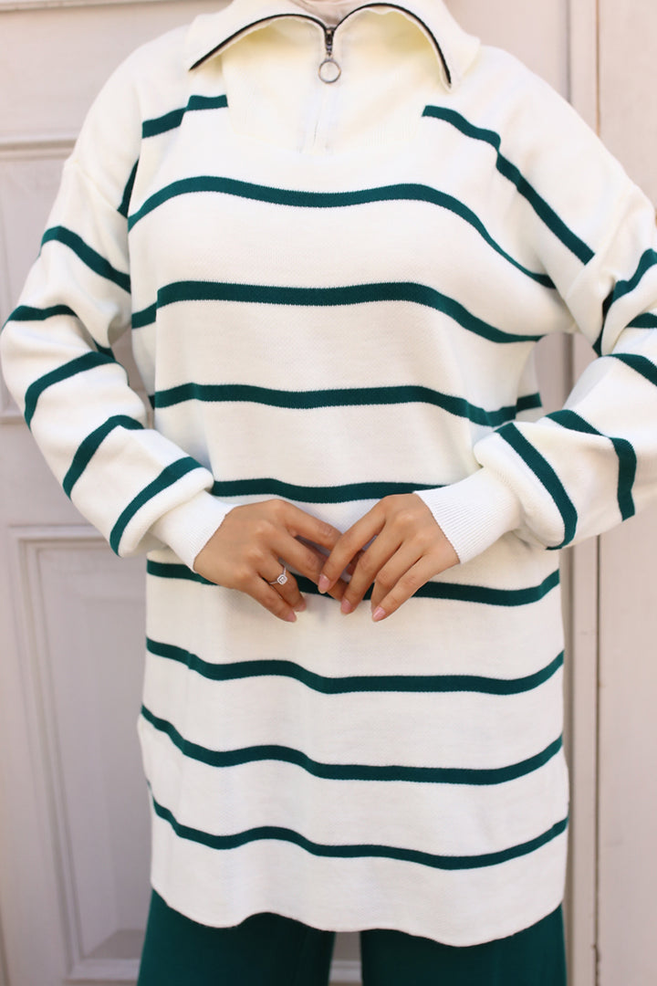 BNG Women -02 Collar Zippered Striped Knitwear Set Emerald Green - Clermont