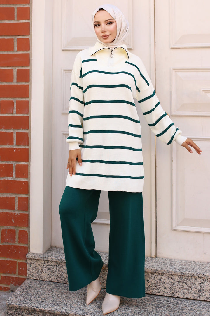 BNG Women -02 Collar Zippered Striped Knitwear Set Emerald Green - Clermont