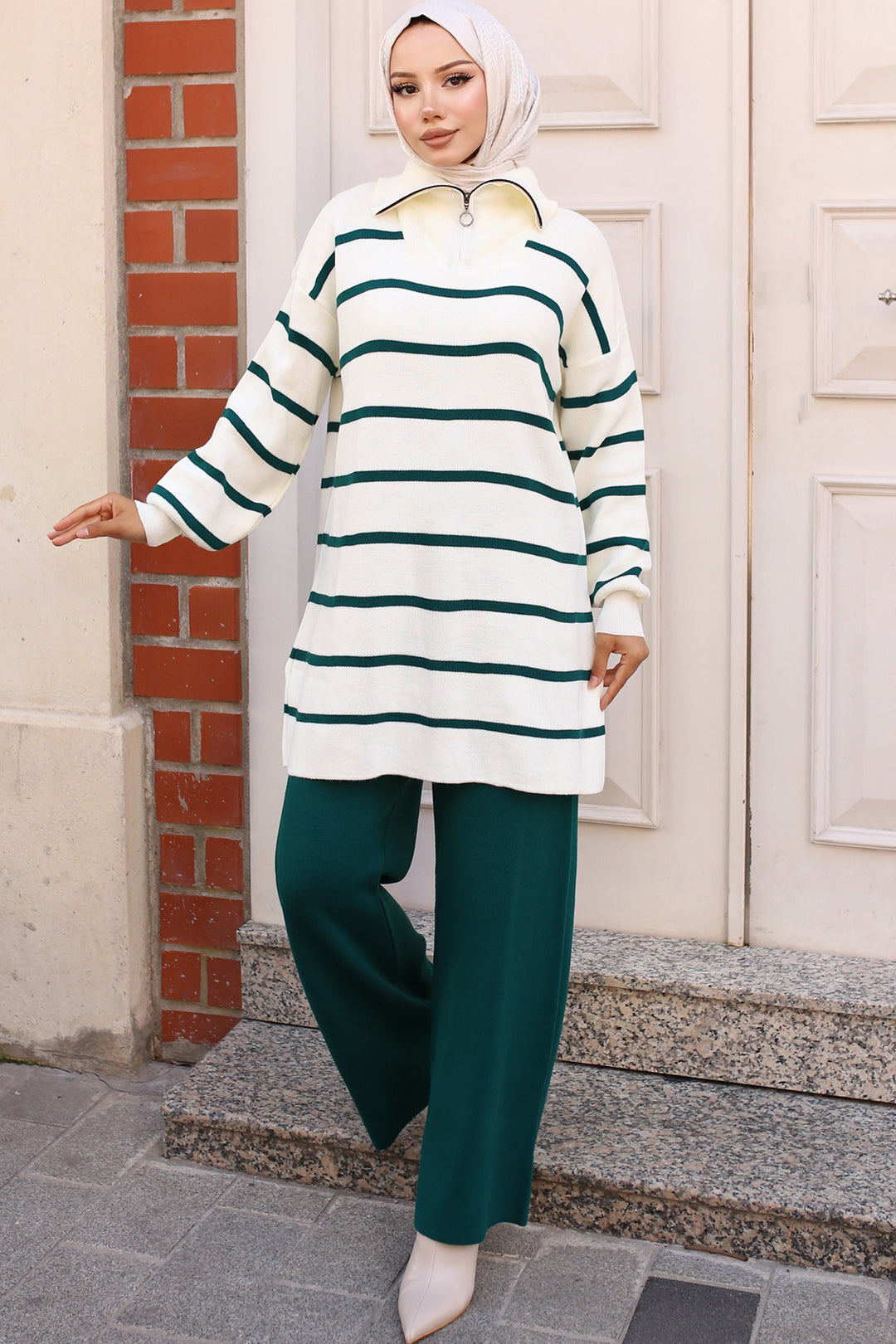 BNG Women -02 Collar Zippered Striped Knitwear Set Emerald Green - Clermont