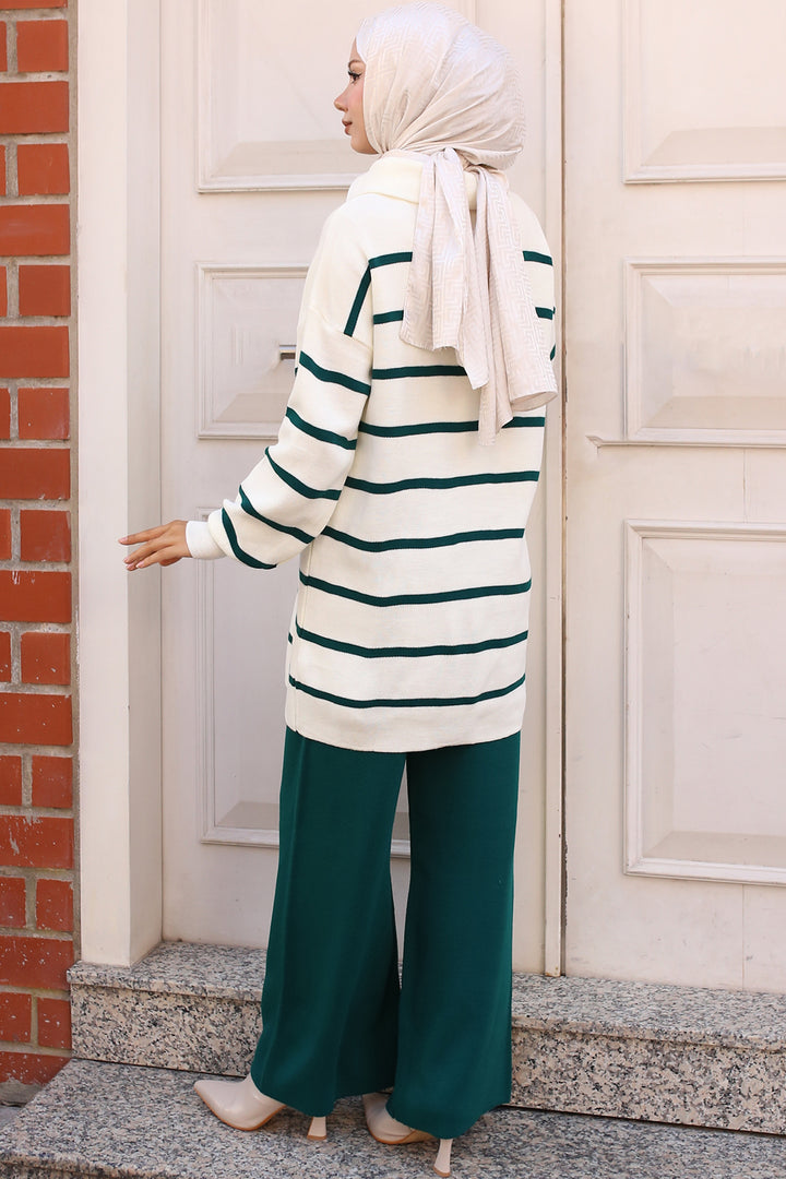 BNG Women -02 Collar Zippered Striped Knitwear Set Emerald Green - Clermont