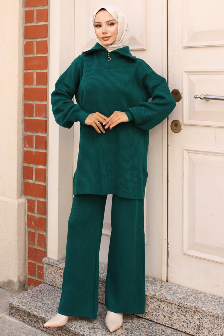 BNG Women -35 Collar Zippered Ribbed Knit Set Emerald Green - Clermont