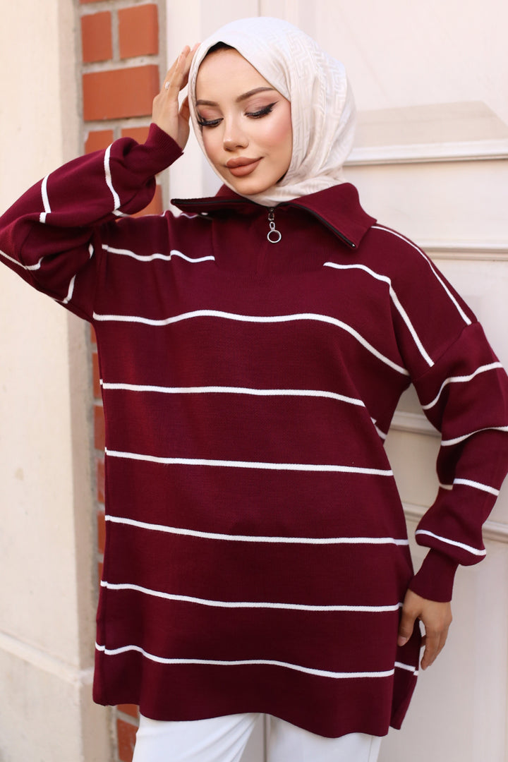 BNG Women -30 Collar Zippered Striped Knit Tunic Burgundy - Clermont