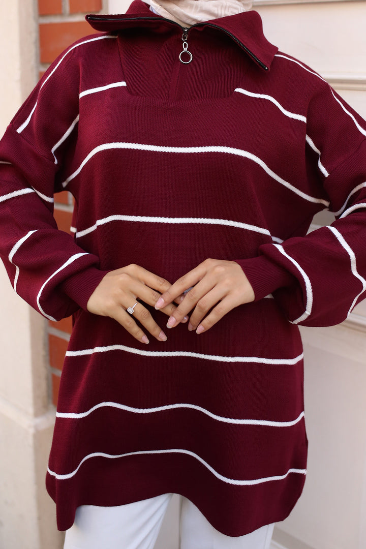 BNG Women -30 Collar Zippered Striped Knit Tunic Burgundy - Clermont