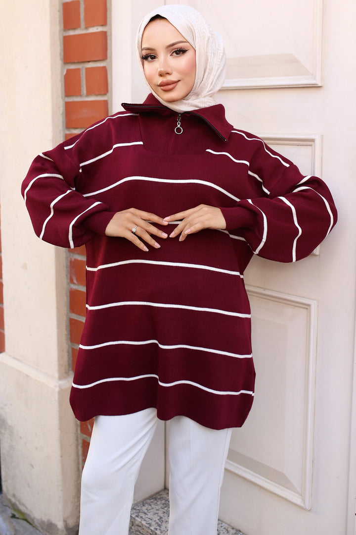 BNG Women -30 Collar Zippered Striped Knit Tunic Burgundy - Clermont