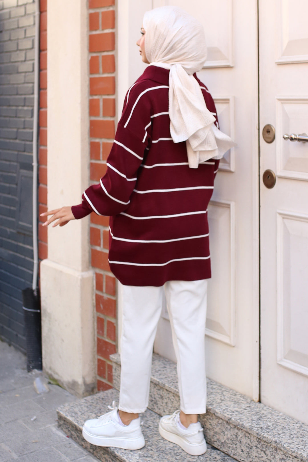 BNG Women -30 Collar Zippered Striped Knit Tunic Burgundy - Clermont