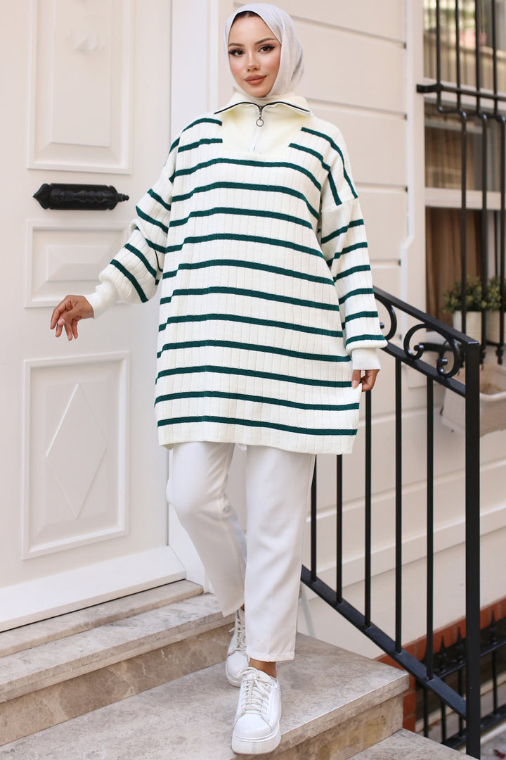 BNG Women -32 Collar Zippered Ribbed Striped Knit Tunic Emerald Green - Clermont