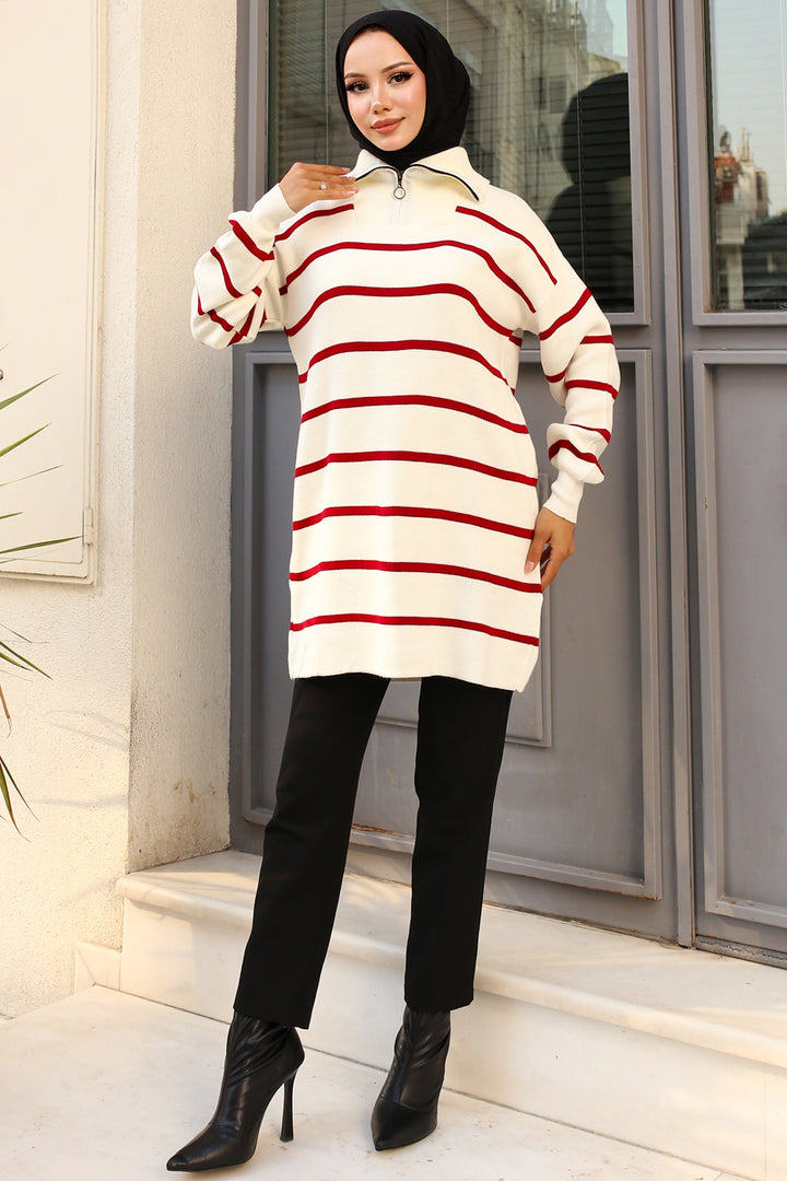 BNG Women -02 Collar Zippered Striped Knit Tunic Red - Clermont