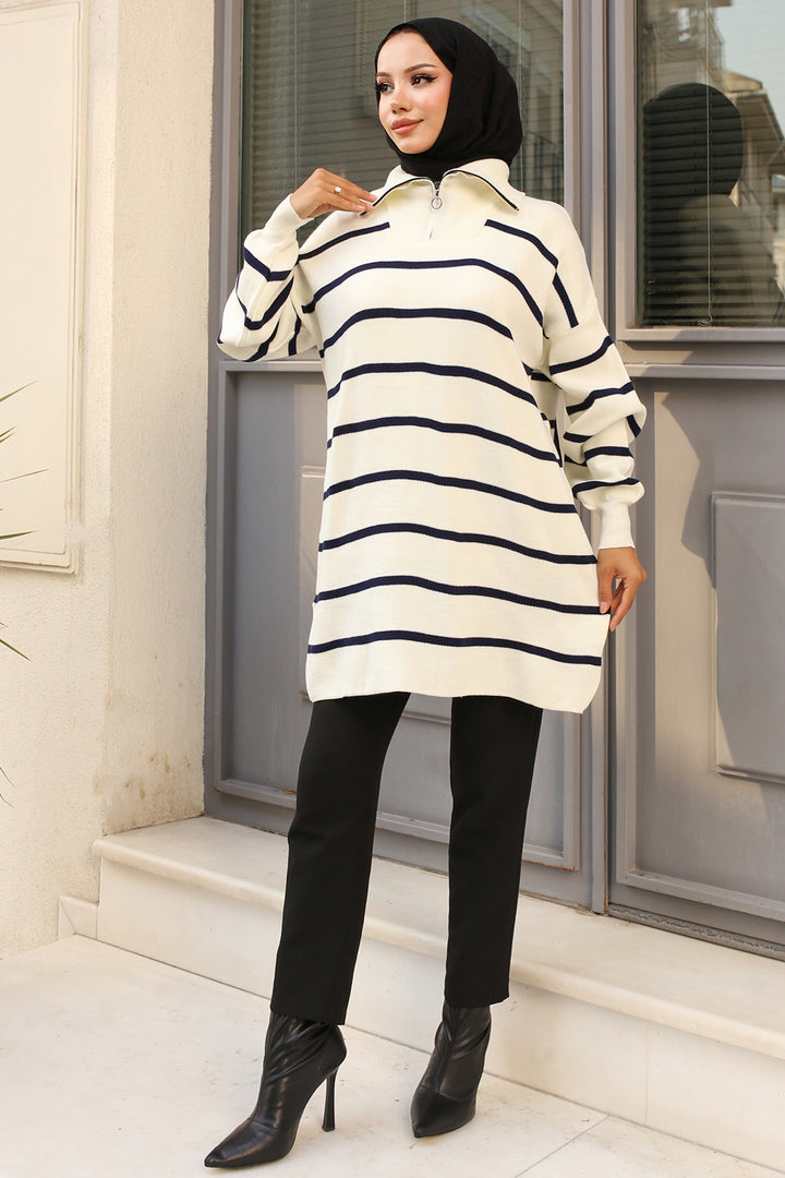 BNG Women -02 Collar Zippered Striped Knit Tunic Navy Blue - Clermont