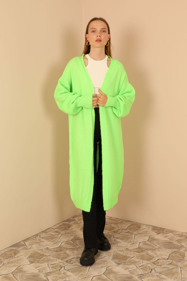 KKT Knitwear Fabric Scarf Neck Long Women Cardigan-Neon Green - Fort Lee