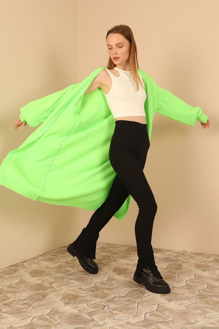 KKT Knitwear Fabric Scarf Neck Long Women Cardigan-Neon Green - Fort Lee