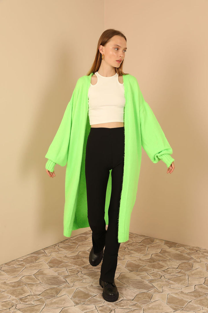 KKT Knitwear Fabric Scarf Neck Long Women Cardigan-Neon Green - Fort Lee