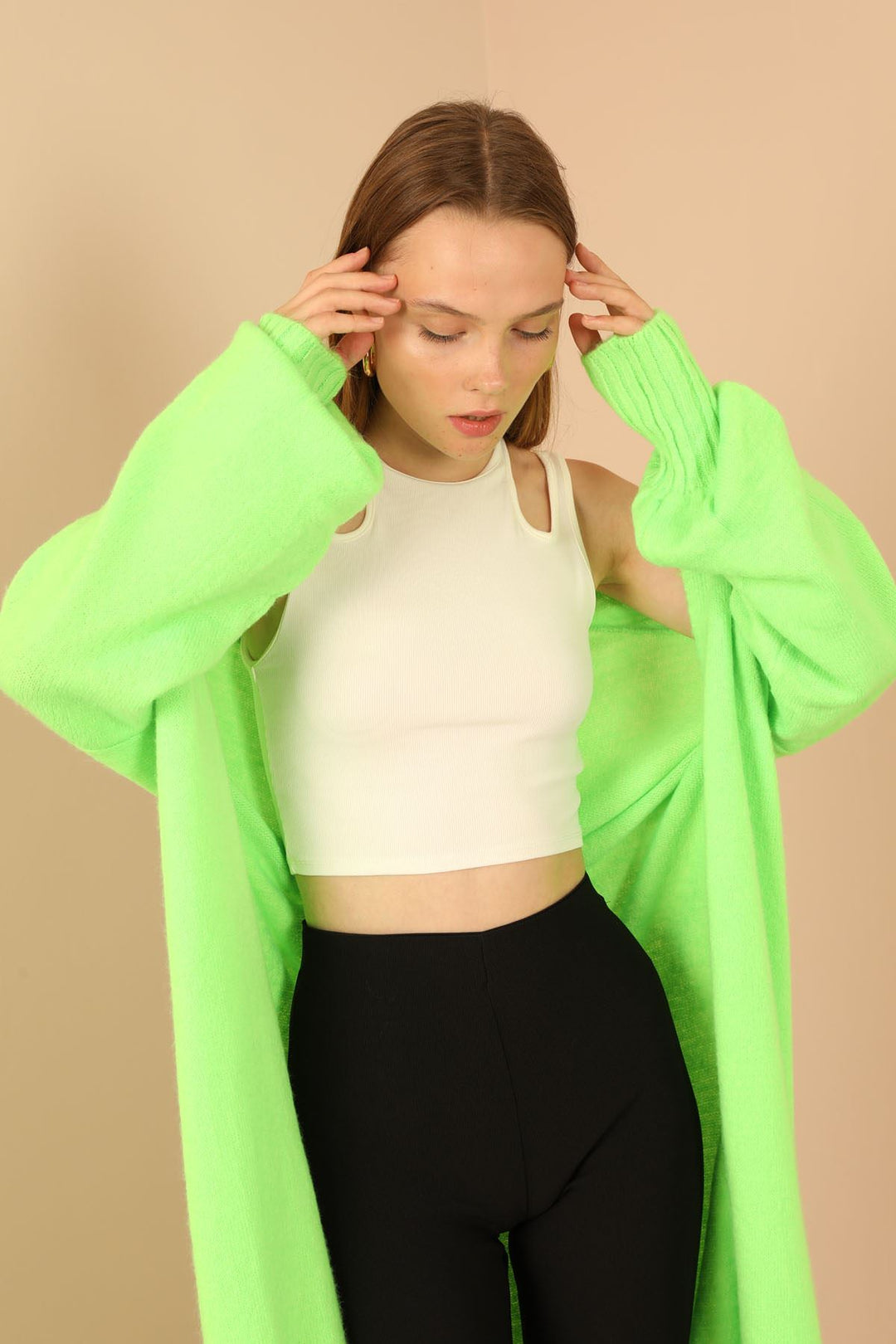 KKT Knitwear Fabric Scarf Neck Long Women Cardigan-Neon Green - Fort Lee