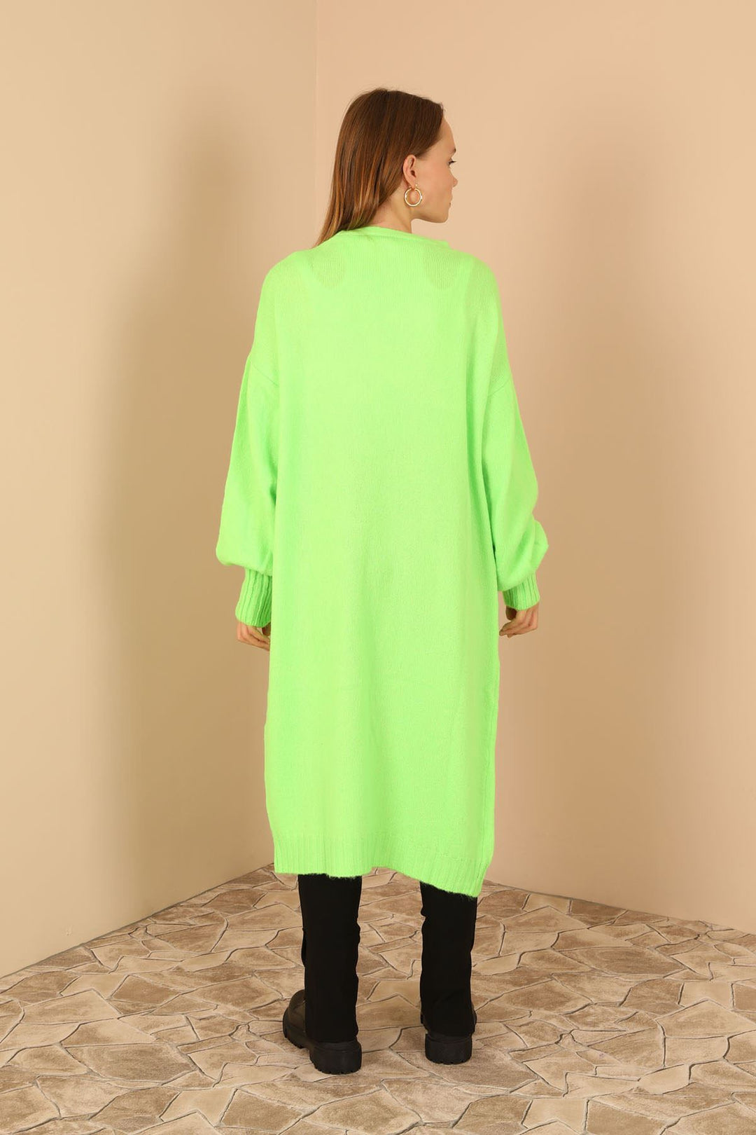 KKT Knitwear Fabric Scarf Neck Long Women Cardigan-Neon Green - Fort Lee