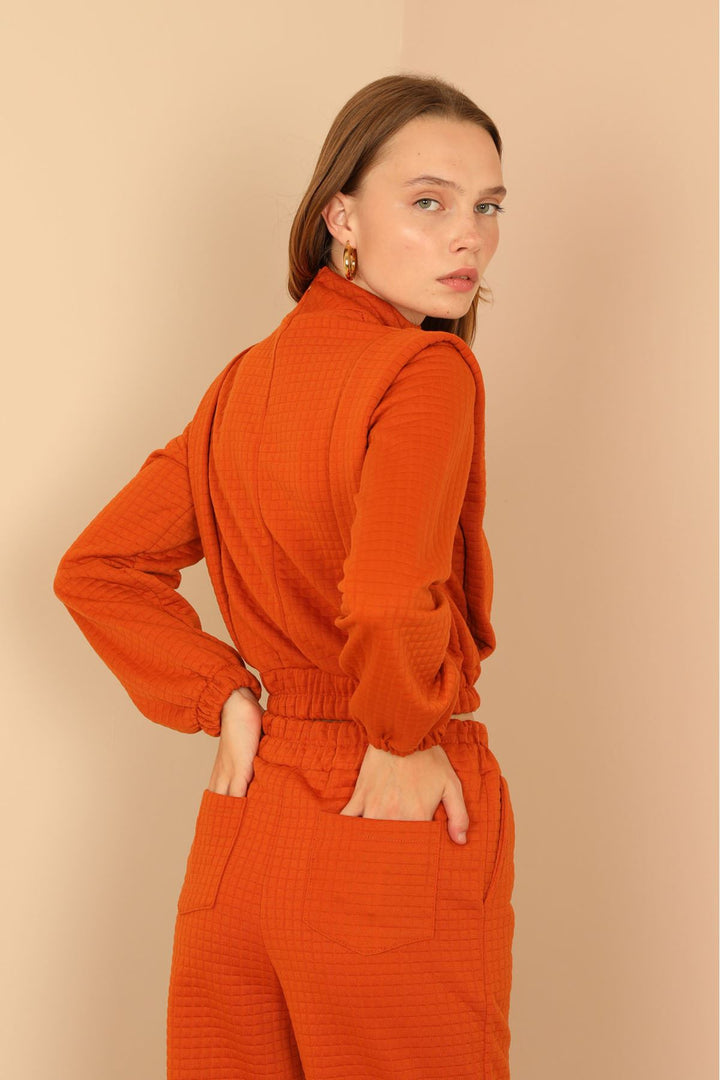 KKT Quilted Fabric Long Sleeve Roll Neck Long Detailed Shoulder Women'S Set - Cinnamon  - Mataró