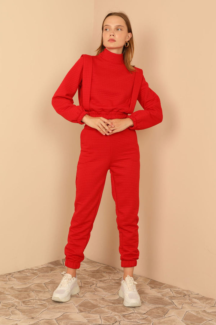 KKT Quilted Fabric Long Sleeve Roll Neck Long Detailed Shoulder Women'S Set - Red - Tamarac