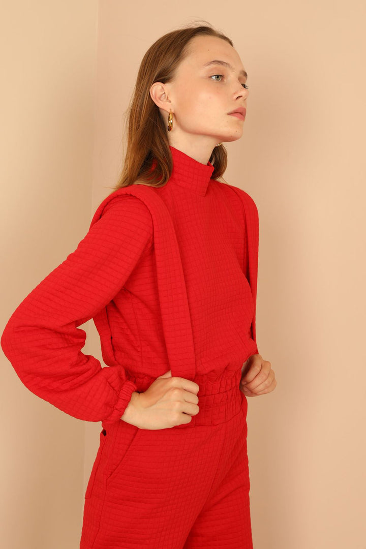 KKT Quilted Fabric Long Sleeve Roll Neck Long Detailed Shoulder Women'S Set - Red - Tamarac