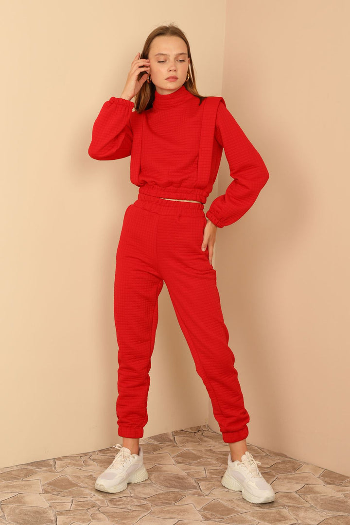 KKT Quilted Fabric Long Sleeve Roll Neck Long Detailed Shoulder Women'S Set - Red - Tamarac