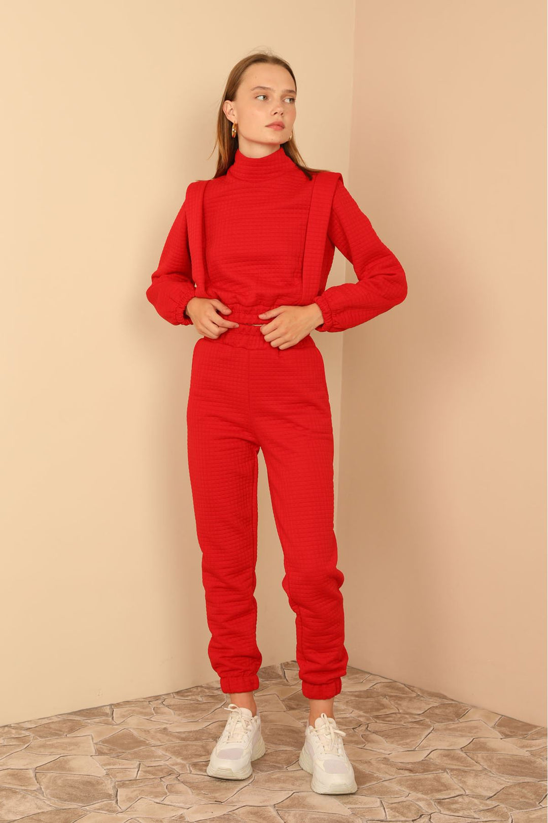 KKT Quilted Fabric Long Sleeve Roll Neck Long Detailed Shoulder Women'S Set - Red - Tamarac