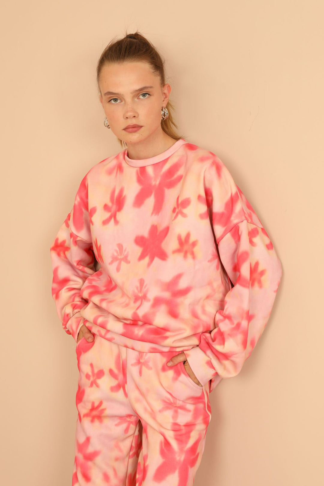 KKT Third Knit Fabric Long Sleeve O-Neck Floral Print Women'S Set - Light Pink - Trujillo Alto