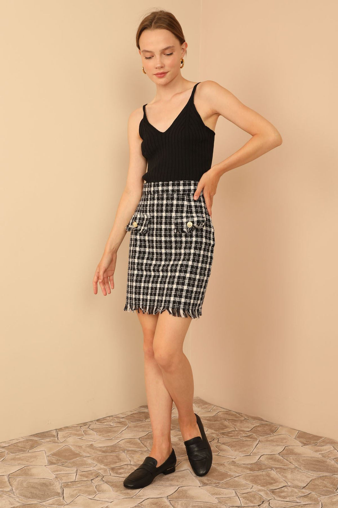 KKT Channel Woven Fabric Tight Fit Mini Skirt With Pocket - Black - Victoria