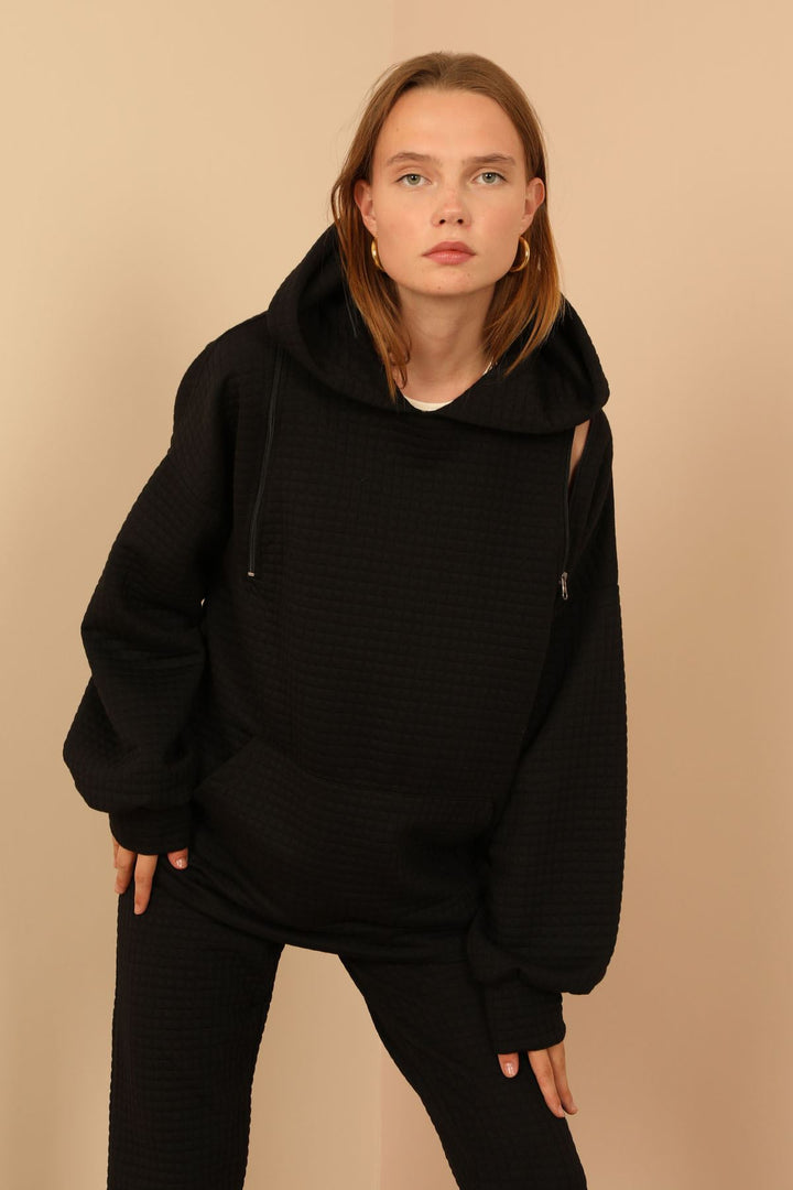 KKT Jesica Fabric Long Sleeve Hooded Oversize Zip Women Sweatshirt - Black - Vercelli