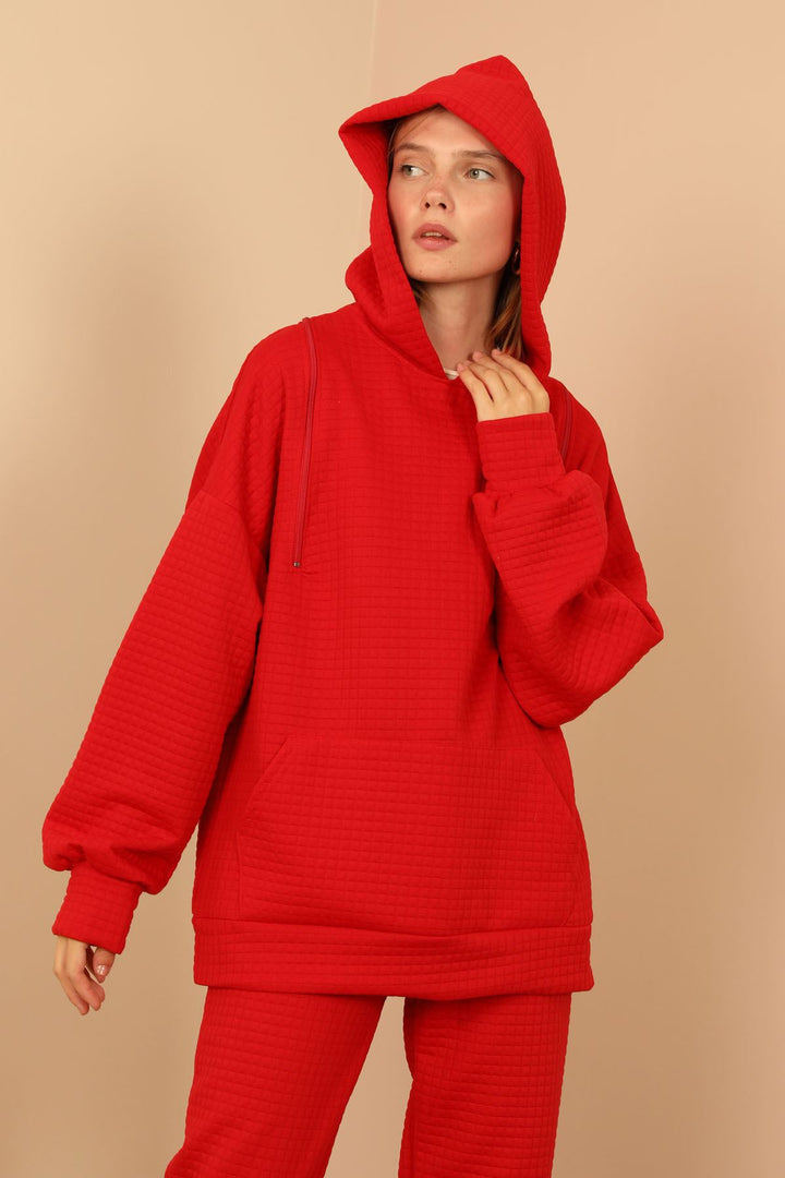 KKT Jesica Fabric Long Sleeve Hooded Oversize Zip Women Sweatshirt - Red - Khrustalnyi