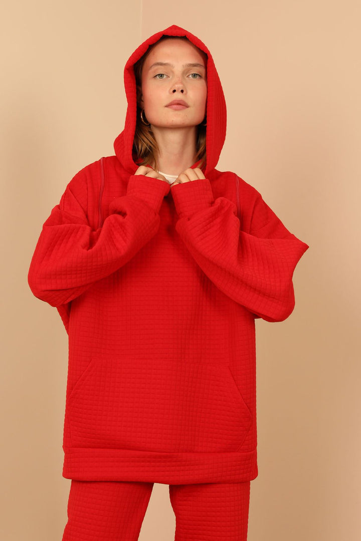 KKT Jesica Fabric Long Sleeve Hooded Oversize Zip Women Sweatshirt - Red - Khrustalnyi