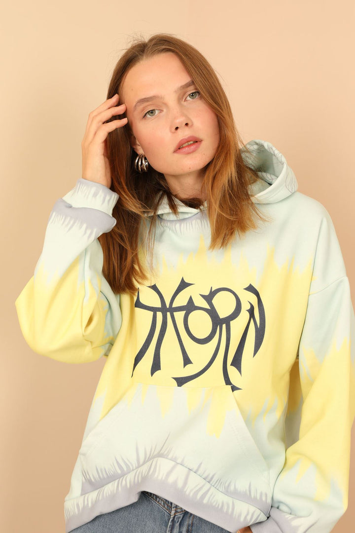 KKT Third Knit Fabric Long Sleeve Hooded Oversize Tie-Dye Print Women Sweatshirt - Mint - Irving