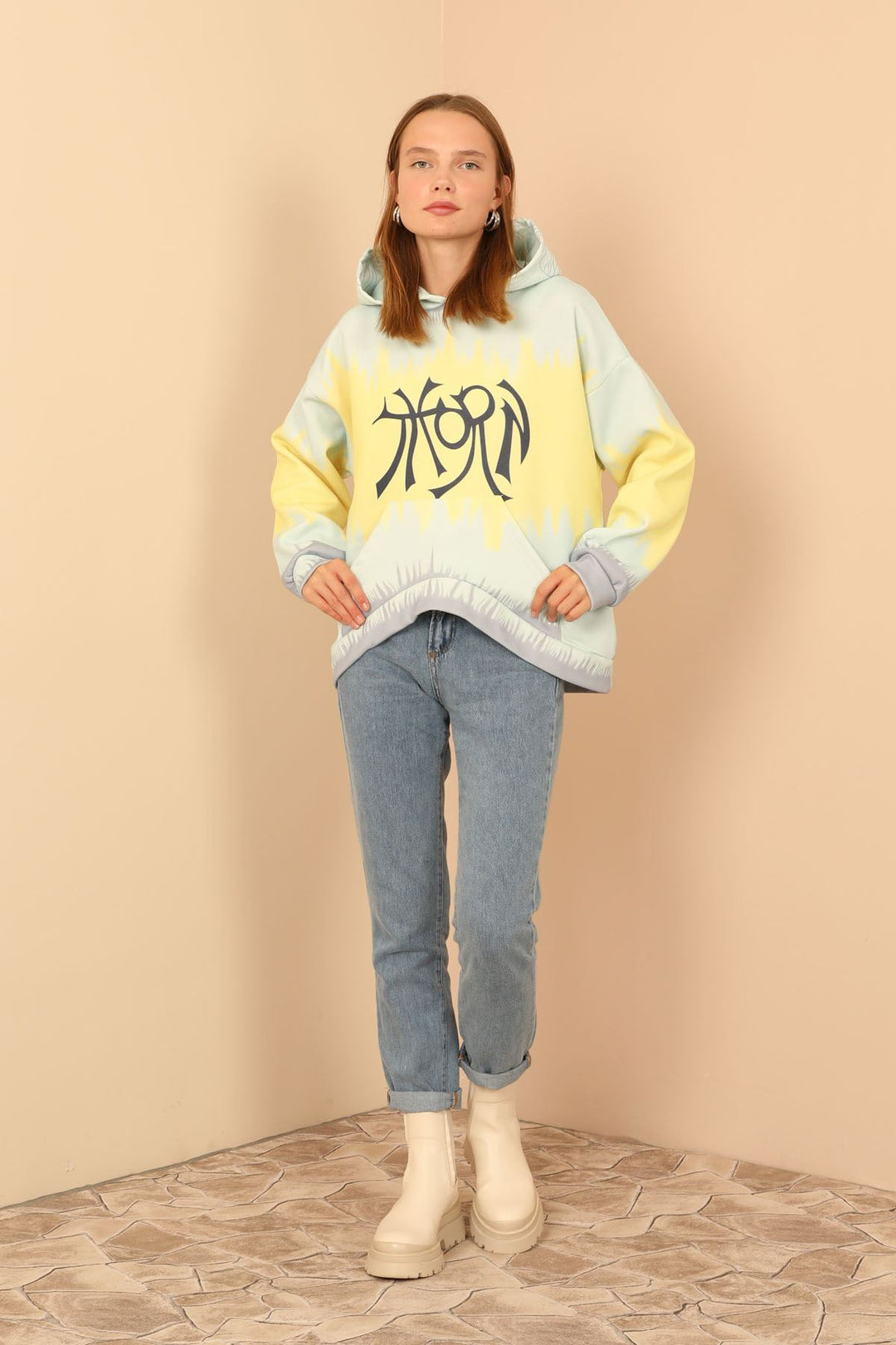 KKT Third Knit Fabric Long Sleeve Hooded Oversize Tie-Dye Print Women Sweatshirt - Mint - Irving