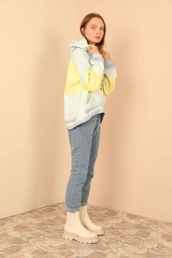 KKT Third Knit Fabric Long Sleeve Hooded Oversize Tie-Dye Print Women Sweatshirt - Mint - Irving