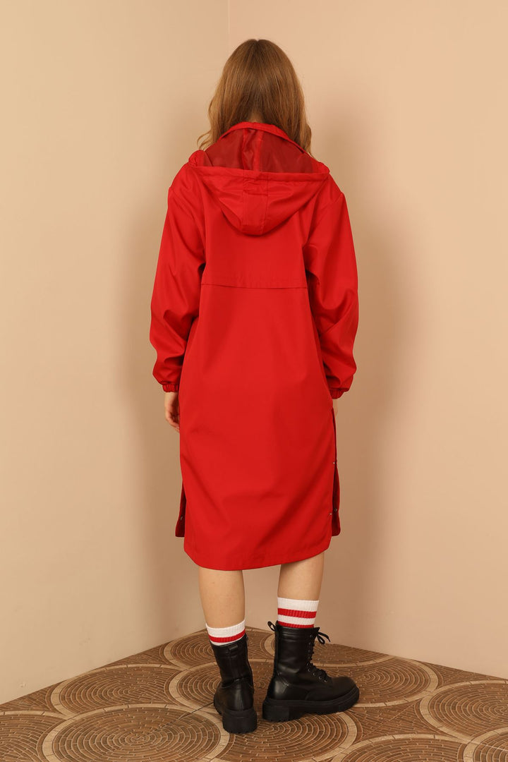 KKT Bondig Fabric Long Hooded Women Raincoat-Red - Paignton