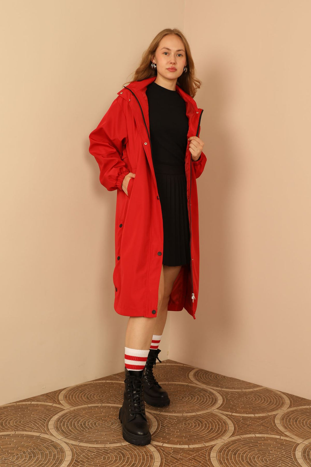 KKT Bondig Fabric Long Hooded Women Raincoat-Red - Paignton