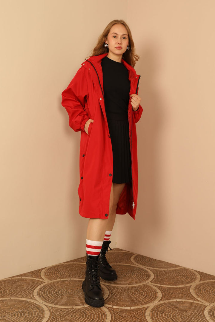 KKT Bondig Fabric Long Hooded Women Raincoat-Red - Paignton