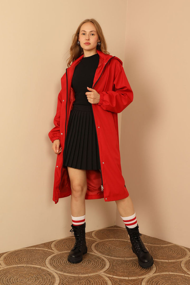 KKT Bondig Fabric Long Hooded Women Raincoat-Red - Paignton