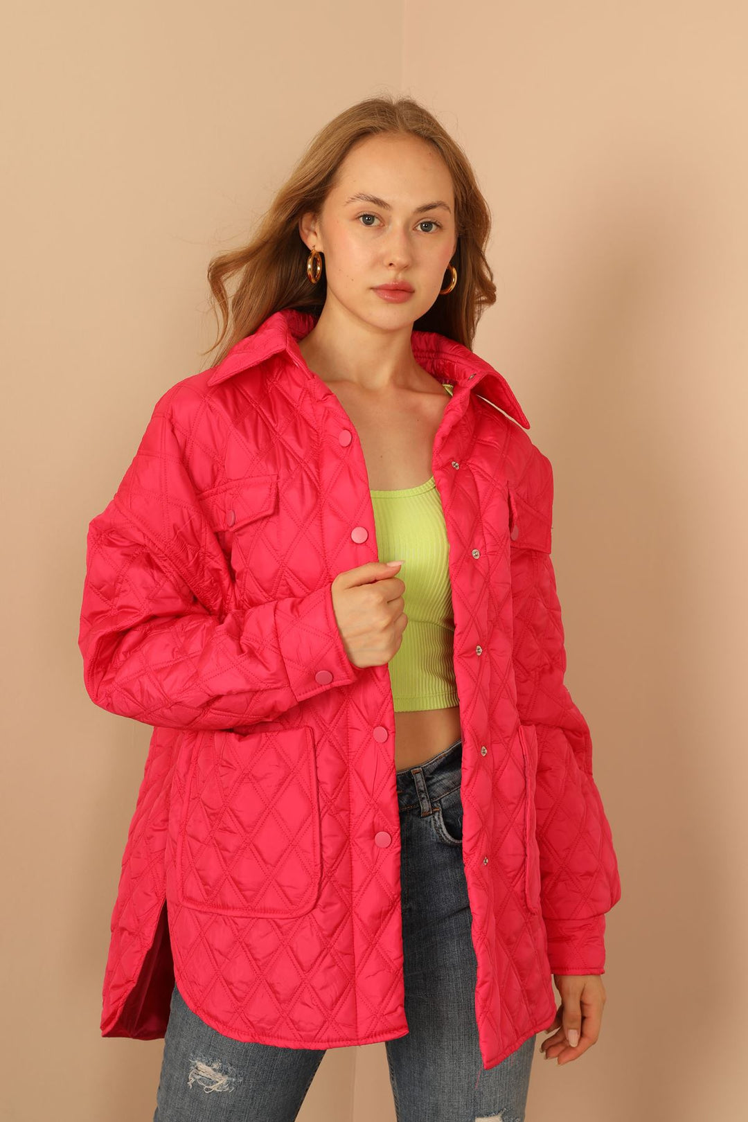 KKT Quilted Fabric Double Stitch Pattern Women Coats-Fuchia - Athis-Mons