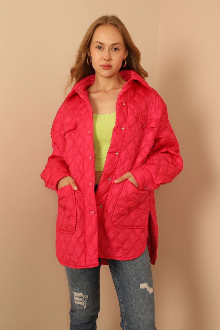 KKT Quilted Fabric Double Stitch Pattern Women Coats-Fuchia - Athis-Mons