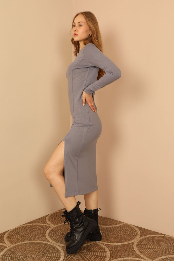 KKT Knit Fabric Long Sleeve Bicycle Collar Tight Fit Slit Mini Women Dress - Blue - Casa Grande