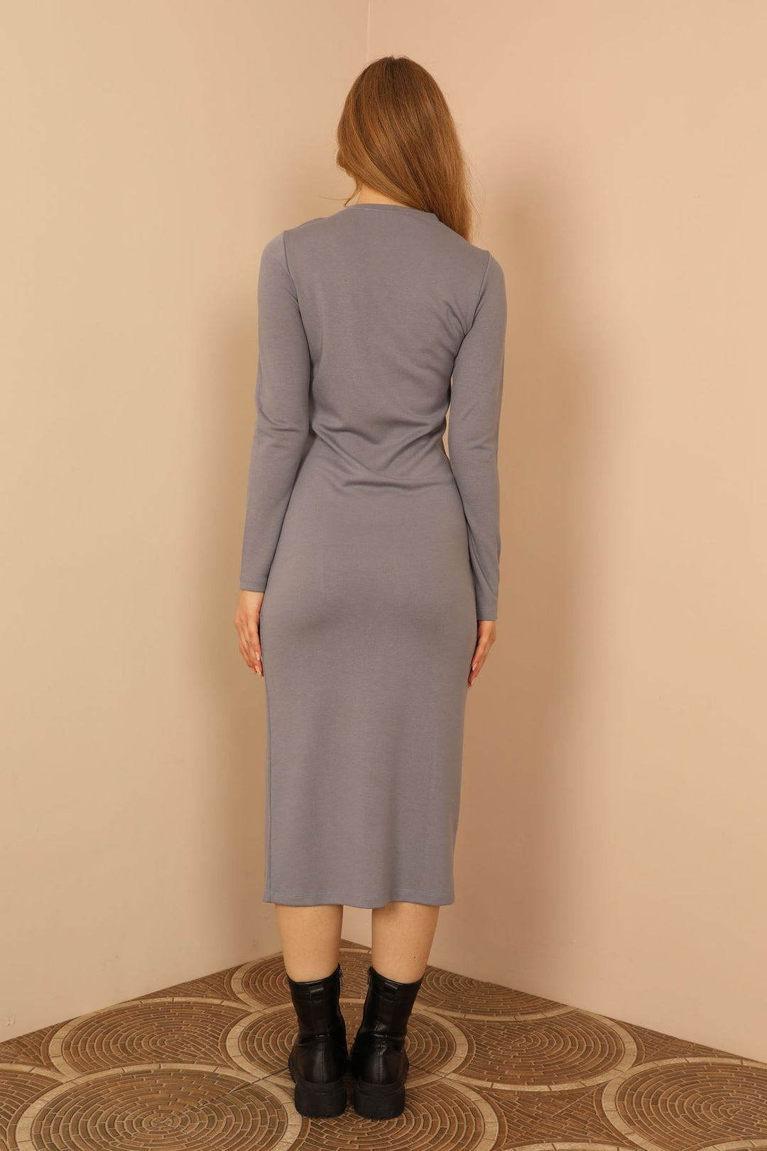 KKT Knit Fabric Long Sleeve Bicycle Collar Tight Fit Slit Mini Women Dress - Blue - Casa Grande