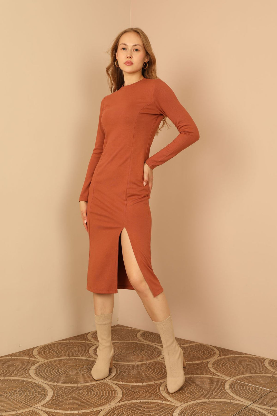 KKT Knit Fabric Long Sleeve Bicycle Collar Tight Fit Slit Mini Women Dress - Brick  - Roeselare