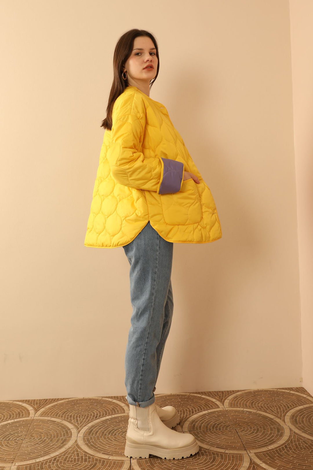 KKT Jesica Fabric Onion Pattern Women Puffer Jacket-Yellow - Cedar Rapids